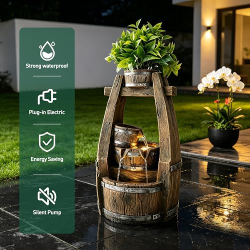 18.9" H Rustic Barrel Outdoor Fountain with Planter Bowl & 4-Tier Cascading Water Feature Low-Maintenance Garden Water Feature- LED- Suitable for Yard, Deck, Backyard Decor - Image 3