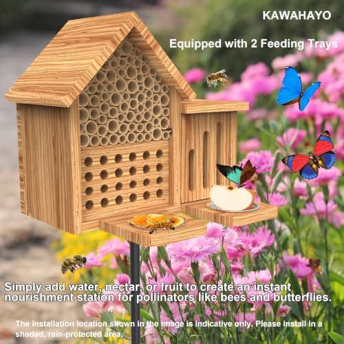 Mason Bee House Wooden Butterfly House with Feeders and Metal Stake, Insect Hotel for Garden Backyard, Natural Handmade Waterproof Bugs House, Attracts Bee, Butterfly, Ladybirds Pollinators - Image 3