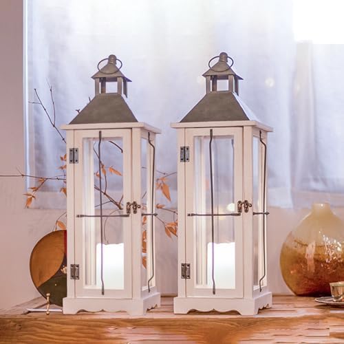 Bdor 26 Inch White Wooden Decorative Lanterns with LED Candles Set of 2 by Bdor
