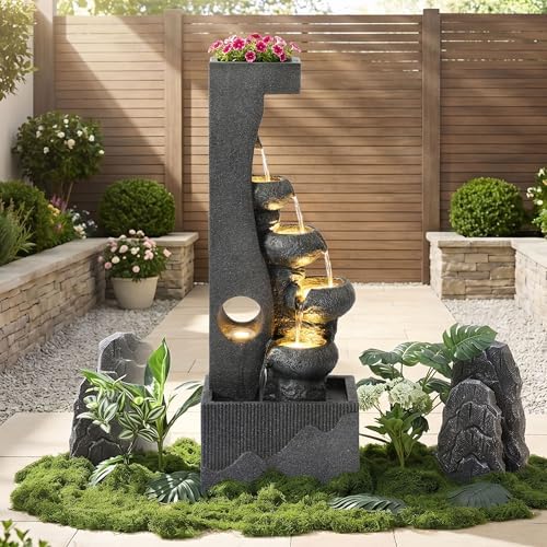 39" Outdoor Water Fountain, 5-Tier Cascading Floor-Standing Indoor Waterfall Fountains, Modern Large Water Feature with 5 Waterfalls & LED Lights, for Garden, Patio, Deck, Porch by GIODIR