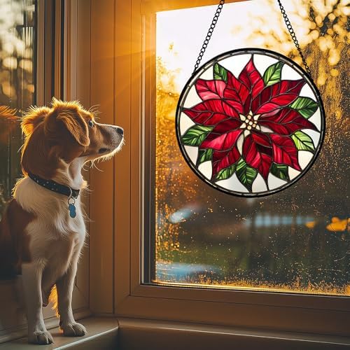 Red Poinsettia Flower Stained Glass Window Hanging Suncatcher Gifts 9.8" - Image 2