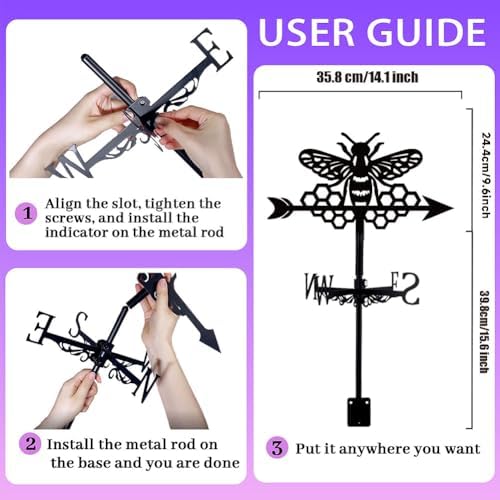 Bee Weathervane Metal Wind Vane Honeycomb Hive Garden Decoration Direction Sign Indicator Stake Mount Ornament for Farmhouse Yard Roof Outdoor - Image 2
