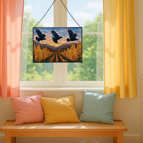 Crows Flying Over Autumn Orchard Rectangular Stained Glass Suncatcher – Hanging Window Panel with Animal & Nature Scene – Vibrant Glass Art Gift for Wildlife, Fantasy, Nature Lovers emGCYx - Image 5