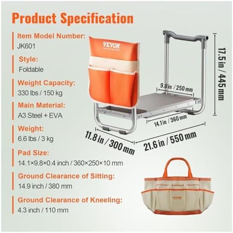 Garden Kneeler and Seat 10 Wide Pad 330 Lbs Load Capacity Foldable Garden Stool Kneeling Bench for Gardening with Tool Bag S for Women Grandparents Seniors Mom and Dad - Image 3