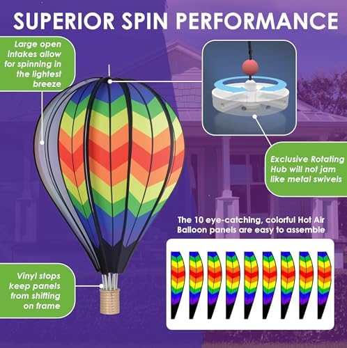 Hot Air Balloon Hanging Garden Spinner 26" - Vibrant Double Rainbow Chevron Design, Weather-Resistant Outdoor Decor, Durable & Lightweight for Patios, Yards, and Gardens - Eye-Catching Wind Spinner - Image 4
