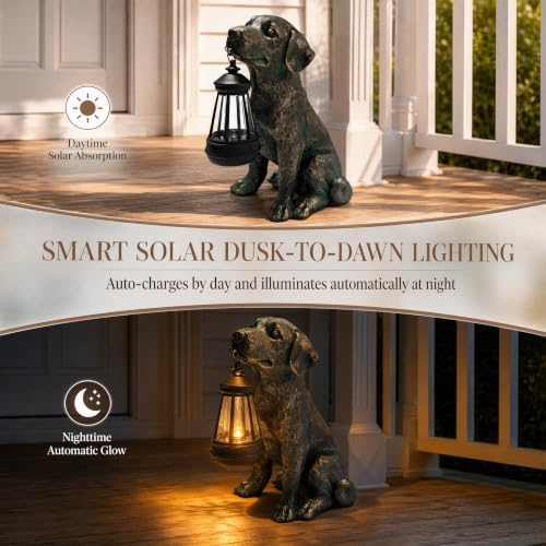 Dog Statue with Solar Lantern - Outdoor Statue Home Decor for Garden Backyard Porch Patio, 10.5 IN Puppy Lamps Figurine Lights Decorations Gift for Birthday, Valentine's Day, Dog Lovers (Cement) - Image 6