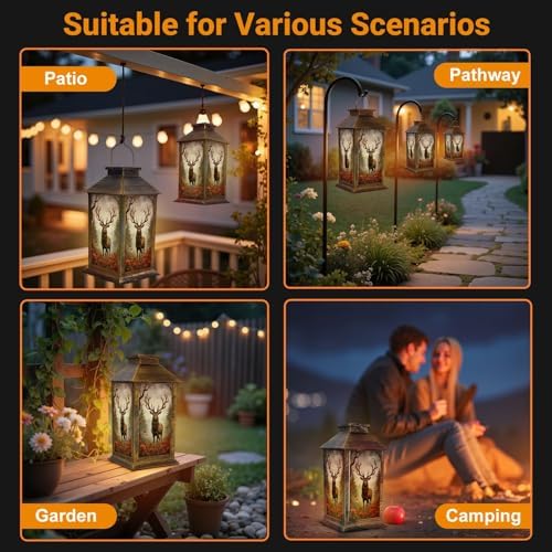 Solar Lantern Outdoor Garden Hanging Lantern Majestic Stag Antlers Rose Garden Misty Forest Waterproof Solar Powered Lighting Outside Table Lamp for Patio Deck Yard Camping - Image 5