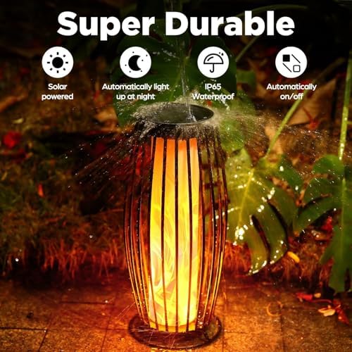 Solar Outdoor Floor Lamp, Solars Lanterns Outdoors Waterproof, Flickering Flame Solar Outdoors Light, Auto On/Off Solars Lantern for Porch, Garden, Patio, Lawn, Deck Decorating (Black) - Image 2