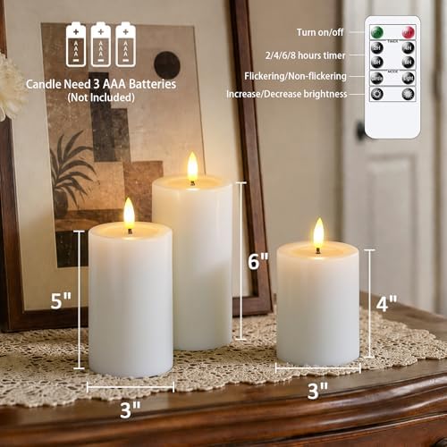 Yeelida Remote Flameless Flickering Pillar Candles with Candle Grease Effect,Pack of 3 White LED Battery Oprated 2/4/6/8 Hours Timer Real Wax Electric Candles(3x4,5,6 Inches) - Image 3