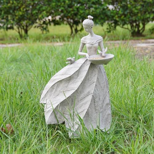 DiliComing Fairy Garden Statue Bird Feeder - 23-inch Large Sculpture for Outdoors Statues Bird-Bath Yard Decorations Fairy Garden Statue Grey White - Image 5