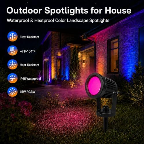 Outdoor Lights,15w Spot Lights Outdoor with US Plug and Remote Control, 12V APP Control Landscape Spotlights,Waterproof, Dimmable with Timer - Image 5