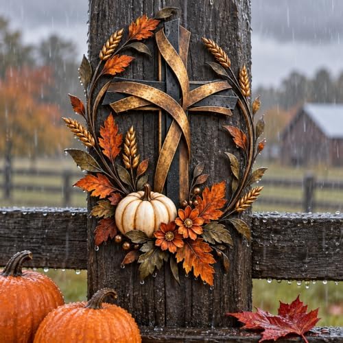 Autumn Cross Pumpkin Metal Wall Decor, Rustic Fall Harvest Sign, 12in-30cm - Image 2