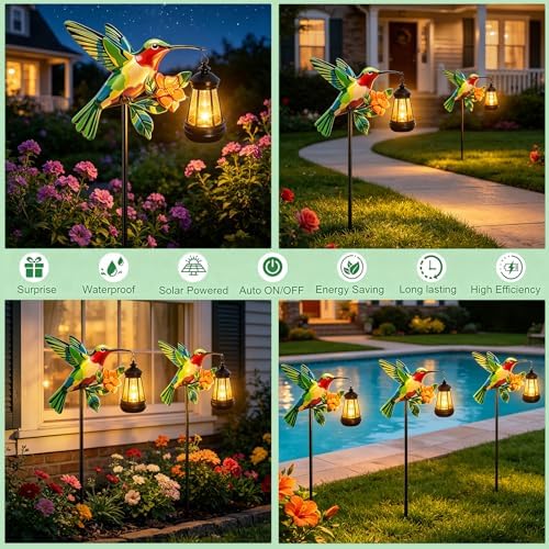 Hummingbird Solar Garden lights Outdoor Waterproof, Gifts for Women Mom Grandma Daughter, Stake lights with Solar Lantern, Hanging Solar Lights, Solar Path Lights Yard Art Outside Patio Garden Decor - Image 4