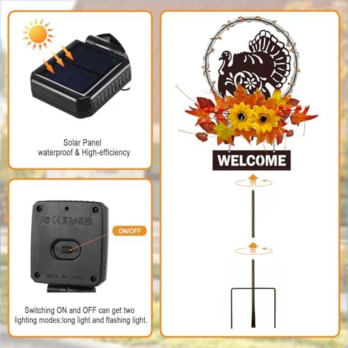 Thanksgiving Decorations Outdoor,Solar Lights Turkey Yard Sign Garden Stake - Image 6