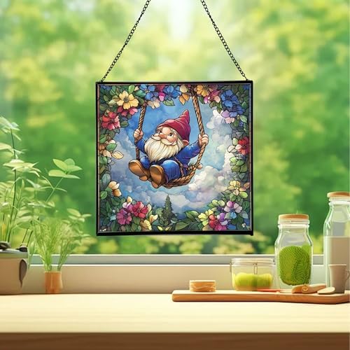 Wreath Swing Gnome Stained Glass Suncatcher – Square Hanging Window Panel for Home or Greenhouse – Whimsical Glass Art Gift for Garden Lovers, Christmas, Halloween, Father Days u0rdBM - Image 2