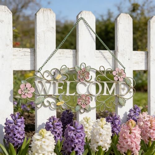 Vintage Welcome Wall Decor Metal Hanging Welcome Sign Rustic Farmhouse Distressed Flower and Butterfly Welcome Sign Decoration for Garden Porch Patio Yard Outdoor 16"L (Colorful) - Image 3