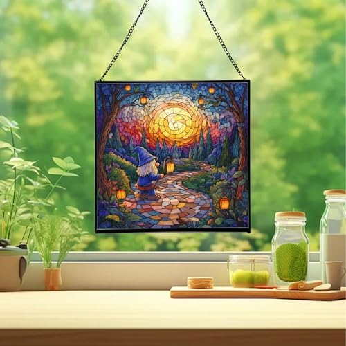 Garden Lantern Path Gnome Stained Glass Suncatcher – Square Hanging Window Panel for Home or Greenhouse – Whimsical Glass Art Gift for Garden Lovers, Christmas, Halloween, Father Days dSeHnz - Image 2