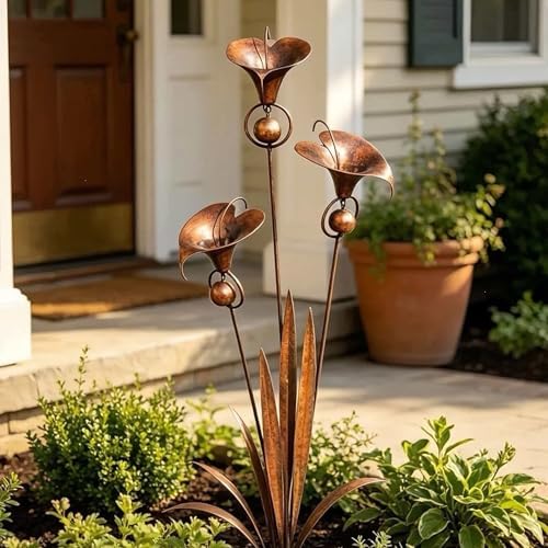 Flamed Copper Three Calla Lilies Garden Stake with Bells，Triple bluebells Garden Stake，Weatherproof Outdoor Yard Sculpture for Lawn, Patio and Pathway Decoration (3) - Image 5