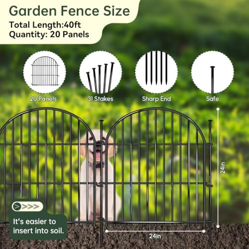 20 Panels No Dig Decorative Garden Fence, 24in(H) x 40ft(L) Animal Barrier, Rustproof Metal Temporary Dog Fence for Outdoor Yard, Patio, Flower Bed - Image 2