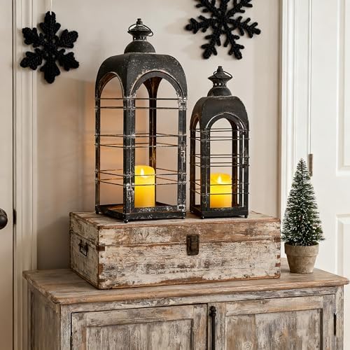 Christmas Decorations Vintage Metal Candle Lantern 2Pcs 25in & 20in Distressed Black Rustic Large Lanterns Farmhouse Hanging Candle Holder Lantern for Xmas Indoor & Outdoor Front Porch Patio Decor - Image 3