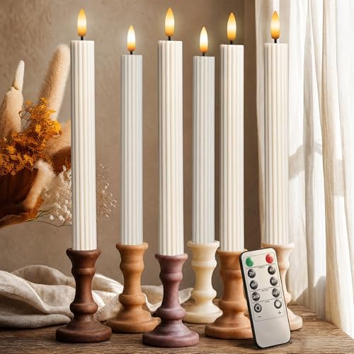 6 Pack, 10" LED Flameless Real Wax Cream Beige Fluted Ribbed Grooved Taper Candles, Remote & 24h Timer Memory, On/Off Button, Dimmable, Flicker Mode, Battery Operated, Wedding by WestIvory