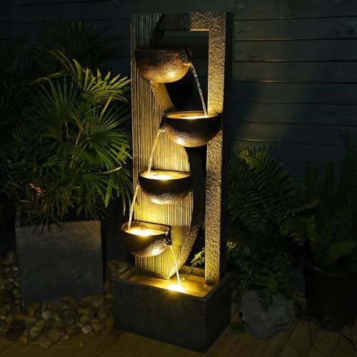 Sunlinua Garden Water Fountains Outdoor 5 Tiered Cascading Bowl Modern Waterfall Fountain with LED Lights, Natural Stones for Garden, Living Room, Patio, Yard Art Decor, 16.3" L * 10.8" W * 49.2" H - Image 3