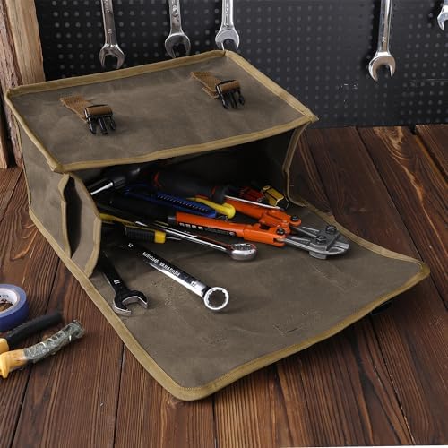 Canvas Tool Storage Bag - Portable Garden Tool Carrying Case with 3 Pockets + 2 Release Buckles, Multi-Purpose 16OZ Waxed Canvas Tool Tote Bag | 11.5"L x 6"W x 7.5"H | Grey - Image 7