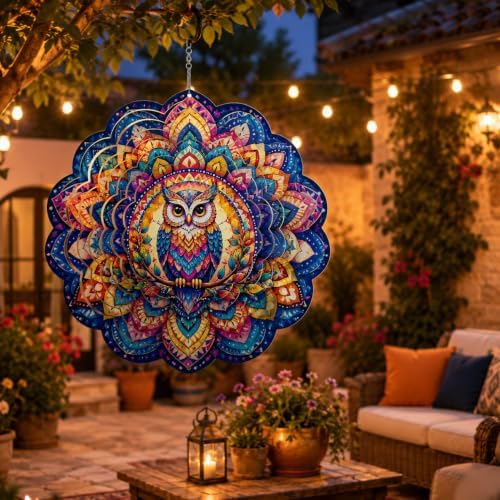 Shwing 12 Inch Wind Spinner Colorful Owl Mandala Hanging Decor Vibrant Boho Metal Ornament Outdoor Kinetic Garden Art 3D Wind Spinner for Patio Porch Balcony Backyard Decoration - Image 4