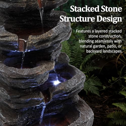 19.7" Tall Outdoor Water Fountain, 5 Tier Cascading Bowls and Stacked Water Fountain with LED Lights, for Yard Décor, Backyard, Patio and Deck (19.7'') - Image 2