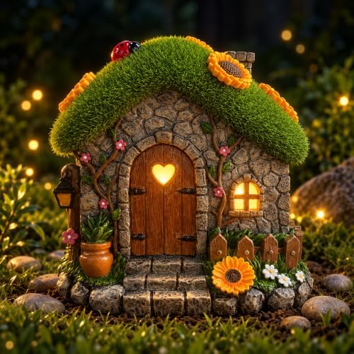 Sunflower Fairy Garden House with Ladybug, Solar Lighted Resin Yard Statue by Unknown