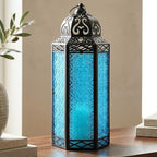 Vela Lanterns Decorative Indoor Candle Holder Table Centerpieces - Moroccan Hanging Outdoor Patio & Porch Home Decor, Turkish Floor Lamp for Wedding, Ramadan (Extra Large 16", Blue Glass) by VelaCandleLanterns