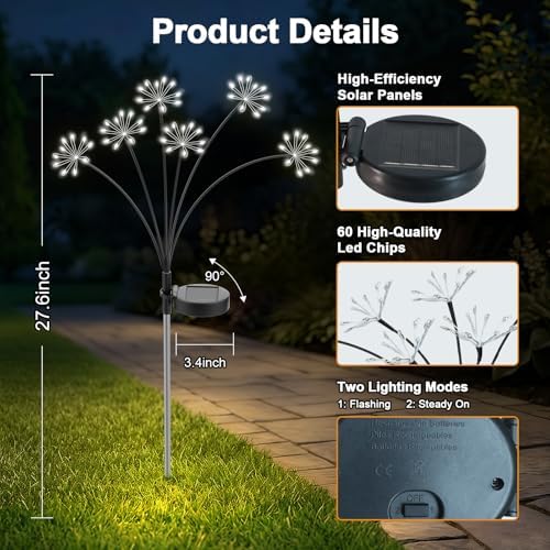 Solar Garden Lights Outdoor, Upgraded Solar Swaying Starburst Light Waterproof with 2 Modes, Solar Fairy Firework Lights for Yard Patio Pathway Flowerbed Balcony Garden Decoration (White, 4 Pack) - Image 7
