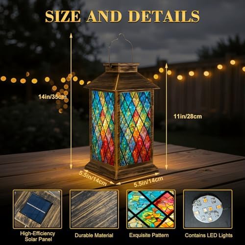 Solar Lantern Outdoor Waterproof Vibrant Stained Glass Window Abstract Geometric Patterns Bold Colors Garden Decor LED Hanging Solar Lights Tabletop Lamp Gifts for Women Mom Outside Yard Patio Porch - Image 2