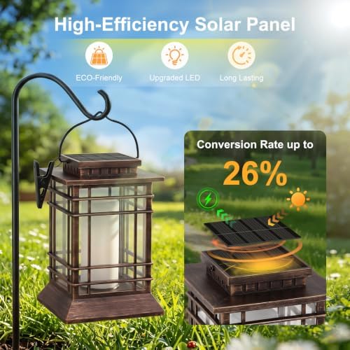 Brightever 4 Packs Solar Lanterns Outdoor Waterproof, Upgraded Flickering Flame Solar Lantern Lights with Handle, Auto On/Off Hanging & Standing Lantern for Yard Garden Table Decor, Bronze - Image 6