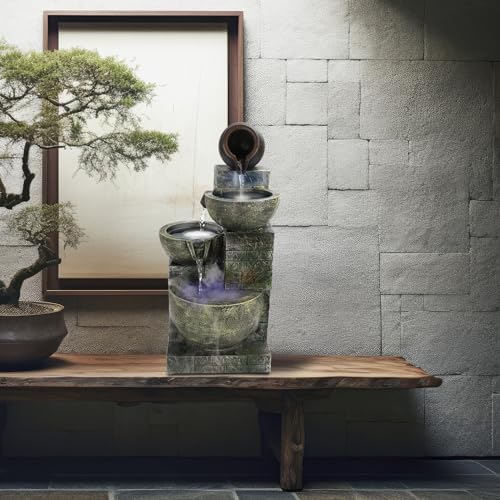 cdar 4-Tiers Outdoor Garden Water Fountain, Cascading Bowls and Stacked Stones Outdoor Water Fountain, Outside Patio Water Features Fountain with LED Light and Atomizer Warm Light by cdar