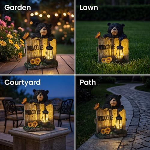 Garden Black Bear Welcome Sign with Solar Lantern, Decorative Outdoor Statue for Porch, Patio or Garden with Butterfly and Sunflowers - Image 6