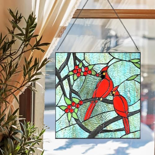 PA0008 Handcrafted Stained Glass Cardinal Window Hanging Suncatcher, Tiffany Style Window Panel with Red Birds 12" Wx12 H for Home Decor, Memorial Gifts for Bird Lovers, Ready to Hang - Image 3