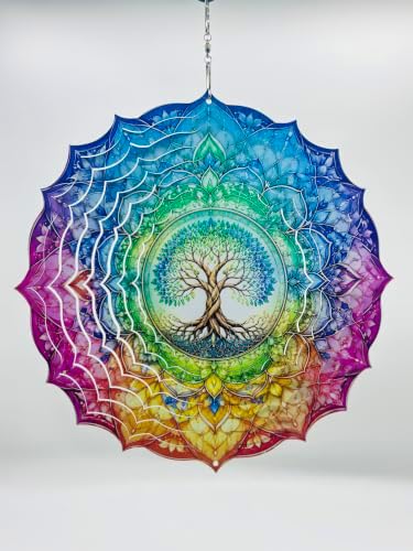 Shwing 12 Inch Wind Spinner Rainbow Tree of Life Hanging Decor Colorful Spiritual Metal Ornament Outdoor Kinetic Garden Art 3D Wind Spinner for Patio Porch Balcony Backyard Meditation Decoration - Image 4
