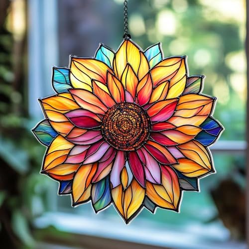 Autumn Sunflower Acrylic Suncatcher 10 Inches, Fall Decoration Indoor Outdoor, Bedroom Porch Decor, Stained Glass Effect Window Hanging, Colorful Floral Ornament, Flower Lover Gift for Her by XISZYS