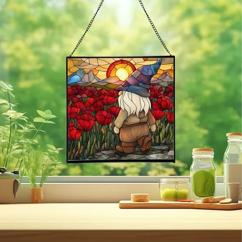 Gnome with Poppy Field Stained Glass Suncatcher – Square Hanging Window Panel for Home or Greenhouse – Whimsical Glass Art Gift for Garden Lovers, Christmas, Halloween, Father Days hLqq7K - Image 2