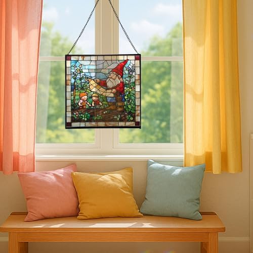 Gnome with Garden Planning Stained Glass Suncatcher – Square Hanging Window Panel for Home, Garden, Nursery, Halloween, Christmas, Memorial Day – Whimsical Glass Art Gift for Gnome Lovers 7ymrhw - Image 5