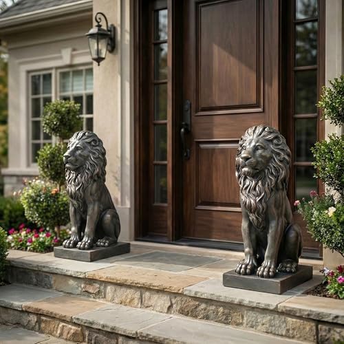 Lion Statue, Outdoor Garden Statues 27in Tall, Dark Gray - Image 2