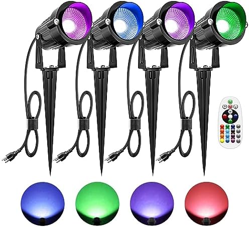 ZUCKEO 10W Christmas Spotlights Outdoor Spot Lights for Yard, LED RGB Color Changing Landscape Lighting Plug in, 120V Waterproof Remote Control Spotlight for House Garden Halloween Decoration(4Pack) by ZUCKEO