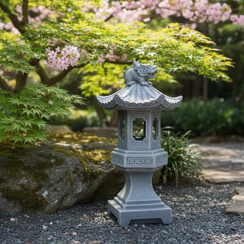 Chinese Pagoda Dragon Lantern Statue, Stone-Look Garden Decor - Image 4