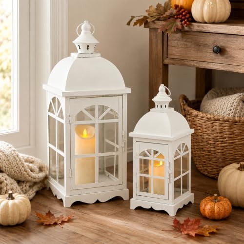 TRIROCKS Set of 2 Decorative Vintage Candle Lanterns 14.5"&20" H Farmhouse Outdoor Hanging Lanterns with Tempered Glass for Porch, Balcony, Patio, Home, Centerpieces, Indoor, Outdoor(White) by TRIROCKS