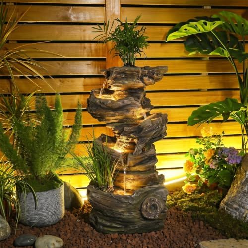 Sunlinua 28" Wood Outdoor Water Fountain with Planter for Garden Decor by Sunlinua