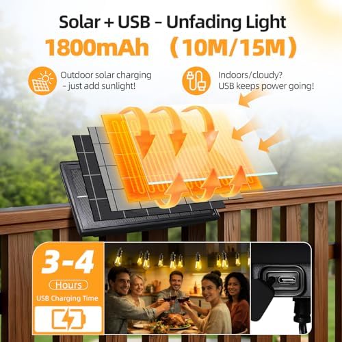 Solar Lights Outdoor Patio Lights: S14 15M 50FT Solar Powered Remote Control 3 Light Modes Dimmable Solar Waterproof Light - Shatterproof Bulbs - Camping Backyard Garden Deck Outside Yard - Image 5