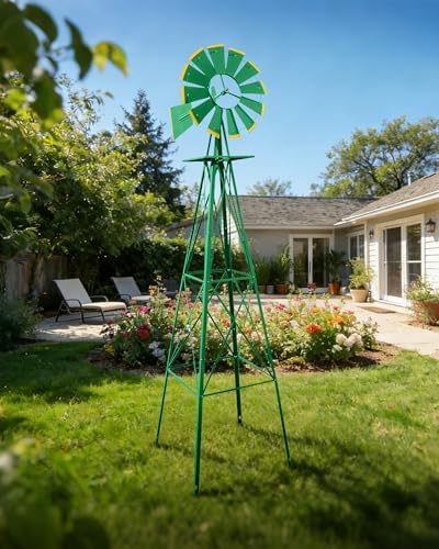 8FT Windmill for Yard Garden Decoration，Heavy Duty Outdoor Wind Mills, Large Metal Outdoor Windmill, Weather Resistant,Green by EPOFIT
