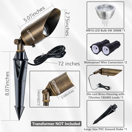 LumStory Brass Landscape Spotlight Low Voltage Landscape Lights 12V AC/DC Bronze Waterproof Shroud Adjustable Outdoor Landscape Lighting for Tree, Wall, Garden, with MR16 LED Bulb 5W 3000K Warm White - Image 2