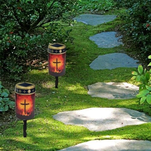 Poceacles Cross Outdoor Lights Pack of 6 Solar Powered Flameless Candle Cemetery Votive Candles Waterproof Outdoor Memorial Candle Solar Stake Lights for Grave Cemetery, Deer Cross Flame Forest - Image 4